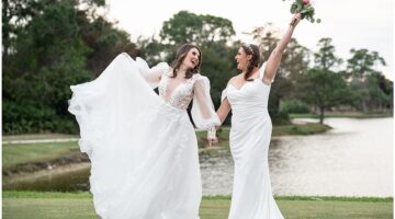 Two brides celebrating together at their Palm Beach wedding
