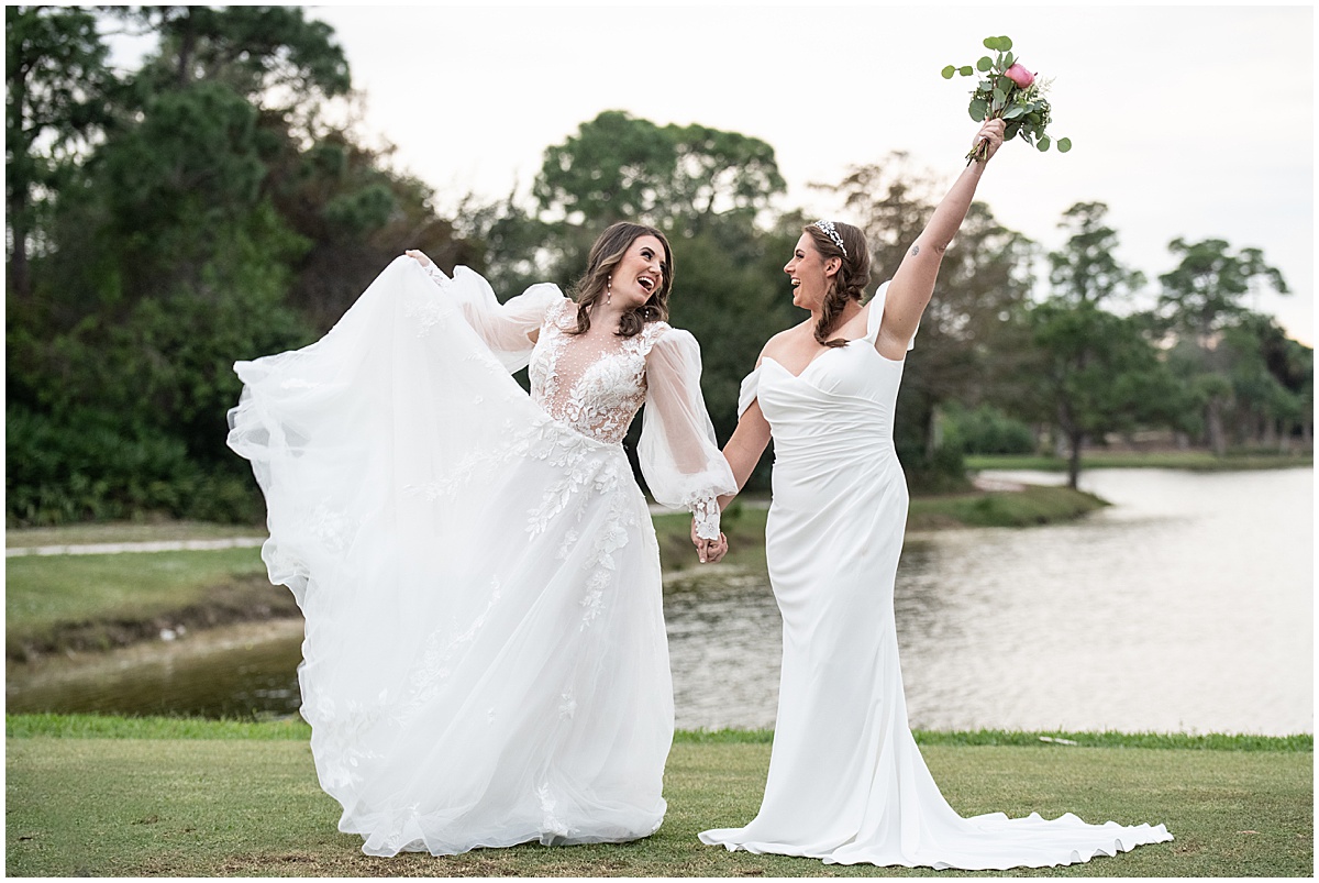 Two brides celebrating together at their Palm Beach wedding