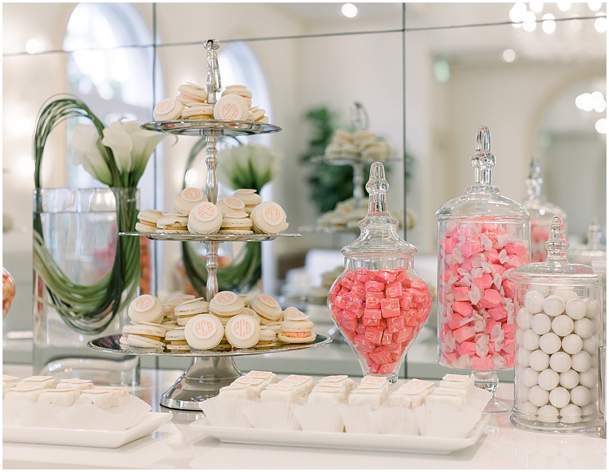 Wedding dessert bar with macarons and individual sweets at The Colony Hotel