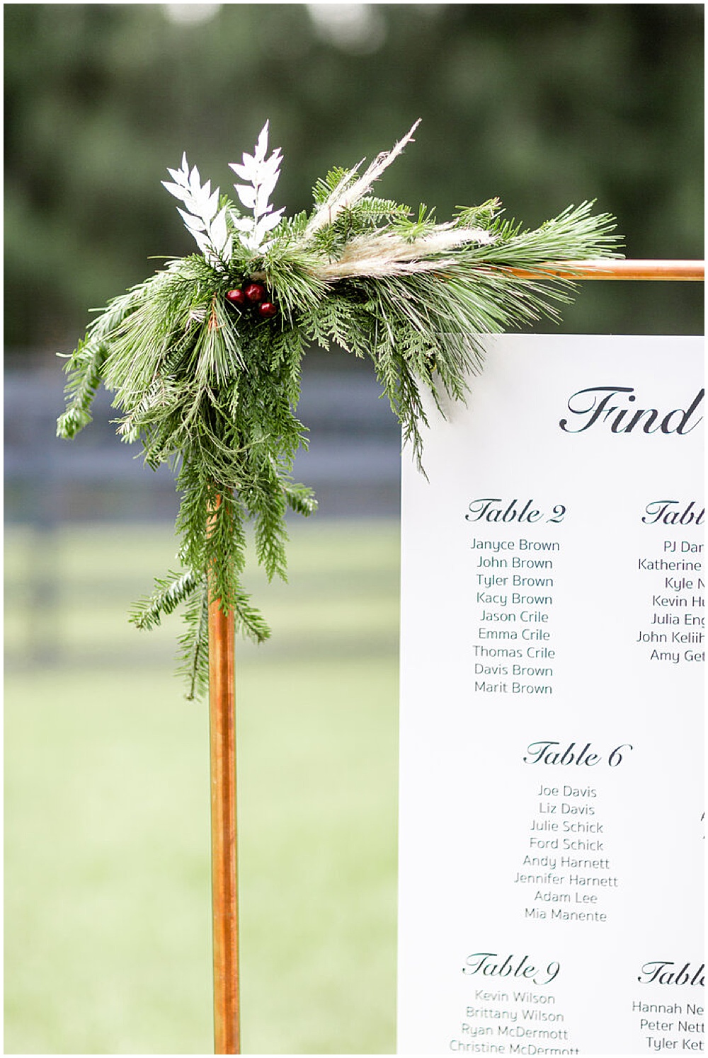 Boho Christmas Wedding Escort Card Display | Lady Jean Ranch | Jupiter, FL | Married in Palm Beach | www.marriedinpalmbeach.com | AM Event Co | Bri Cibene Photography