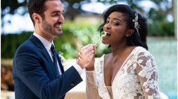 Palm Beach wedding couple sharing a cake pop as an alternative to wedding cake